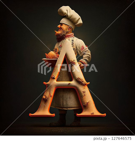 Vintage letter A with a cook in a hat and apron. 127646575