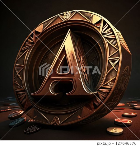 Golden A coin on a dark background. 3d render illustration. Golden A coin on a dark background. 3d render illustration. 127646576