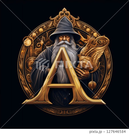 Old wizard in a coat of arms with a sword in his hand. letter A 127646584