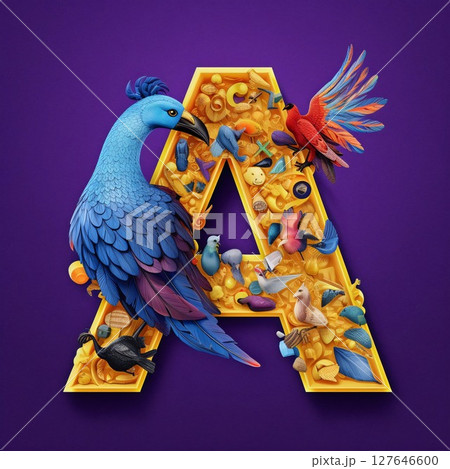 Alphabet letter A with blue parrot on purple background. 3d rendering 127646600
