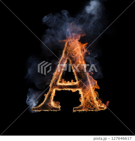 Fiery letter A uppercase isolated on black background. 3d rendering 127646617