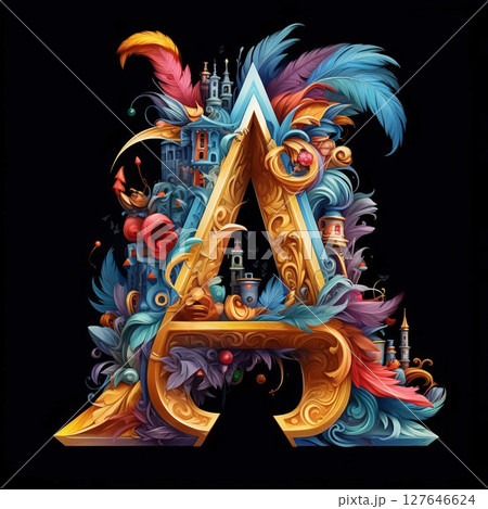 Letter A with colorful feathers and castle on black background. Vector illustration Letter A with colorful feathers and castle on black background. Vector illustration 127646624
