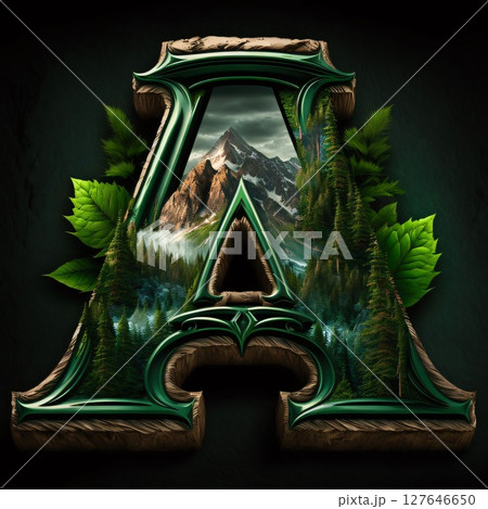Letter A with nature and mountains background. Computer generated 3D photo rendering. 127646650