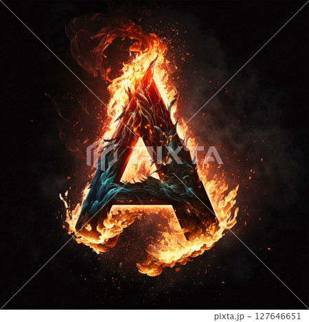 Letter A on fire, isolated on black background. 3d rendering 127646651