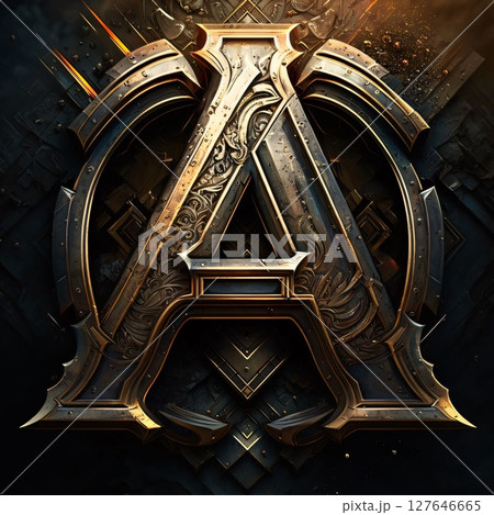 3D illustration of the letter A in the Gothic style with a metal frame. 3D illustration of the letter A in the Gothic style with a metal frame. 127646665