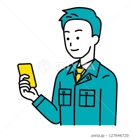 スマートフォンの画面を見る作業員の男性 127646720