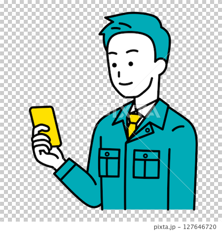 スマートフォンの画面を見る作業員の男性 127646720
