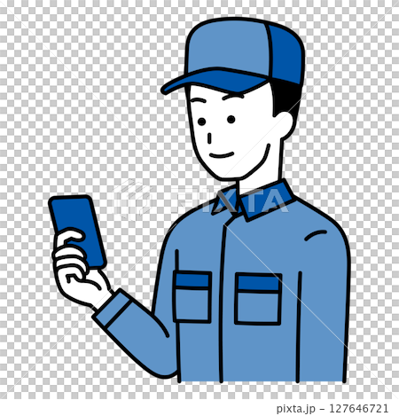 一名身穿工作服的男子正在看智慧型手機螢幕 一名身穿工作服的男子正在看智慧型手機螢幕 127646721