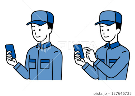 スマートフォンを持つつなぎ作業服の男性のセット（見る/タッチ） 127646723
