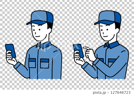 スマートフォンを持つつなぎ作業服の男性のセット（見る/タッチ） 127646723