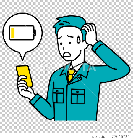 A male worker is having trouble because his smartphone battery is dead 127646724