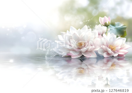 White and pink lotus flowers floating on calm water with soft reflections and dreamy lighting. Perfect for spa themes, meditation designs, nature decor, or peaceful visual concepts. 127646819