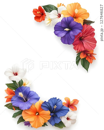 Colorful hibiscus floral frame with vibrant orange, red, purple, and white flowers and lush green leaves on a clean white background. Ideal for tropical-themed designs, invitations, and decorations. 127646827