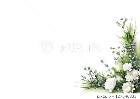 Elegant corner floral arrangement with white roses and delicate blue blooms surrounded by lush green leaves on a white background. Ideal for invitations, greeting cards, and decorative projects. 127646833