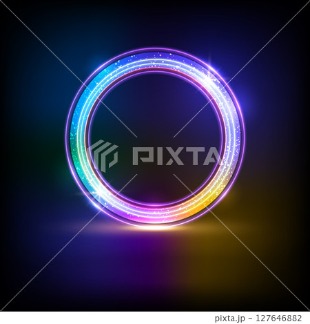 Studio dark background with neon circle.Electric round frame.Design element for your ad, sign, poster, banner. Vector illustration. Studio dark background with neon circle.Electric round frame.Design element for your ad, sign, poster, banner. Vector illustration. 127646882