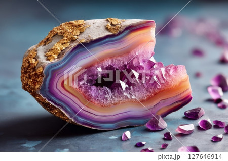 Colorful amethyst geode with orange and violet banding and sharp crystals 127646914