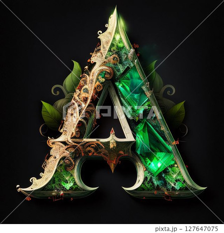 Luxury letter A with green leaves on black background. 3D rendering Luxury letter A with green leaves on black background. 3D rendering 127647075