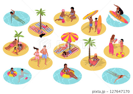 Summer beach 3d isometric set. Collection isolated flat elements of swimming in sea, children playing in sand, surfing, surfboard, woman and man relax at resort, sunbathing, more. Vector illustration. 127647170
