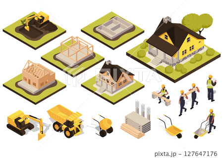 House building 3d isometric set. Collection isolated flat elements of excavator digging, foundation, pouring, frame, walls, builders, boards, concrete, piles, machinery, more. Vector illustration. 127647176