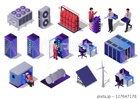Data center 3d isometric set. Collection isolated flat elements of hardware, server racks, technicians, administration process, computer technology, network, database, more. Vector illustration. 127647178