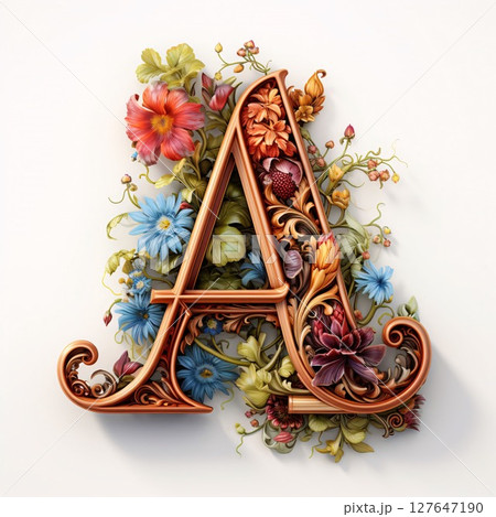 Letter A in vintage style with floral ornament. 3D illustration. 127647190