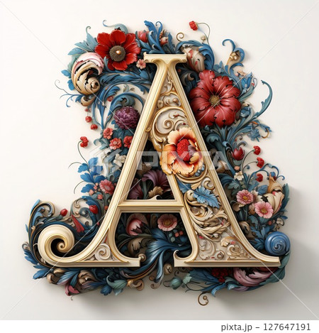 Vintage letter A with letterer A decorated with flowers and leaves. 3D illustration. Vintage style.ral ornament. 3D render illustration. Vintage letter A with letterer A decorated with flowers and leaves. 3D illustration. Vintage style.ral ornament. 3D render illustration. 127647191