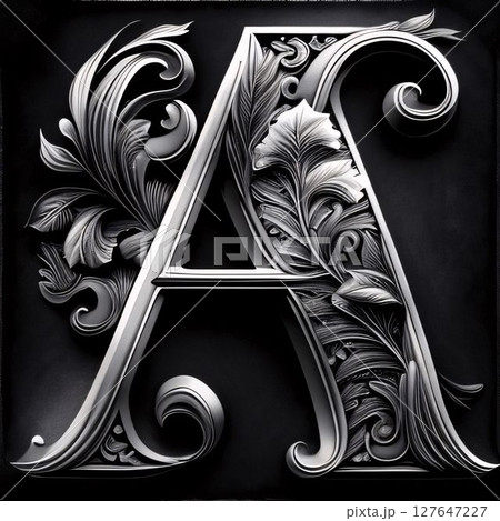 3d render. Letter A with floral ornament on black background. 127647227