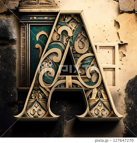 Vintage letter A. Decorative capital lettering. Grunge background. 127647270