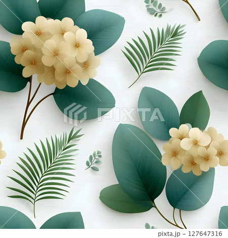 Elegant seamless botanical pattern featuring beige flowers and lush green tropical leaves on a light background. Perfect for wallpapers, fabric designs, stationery, and branding. 127647316