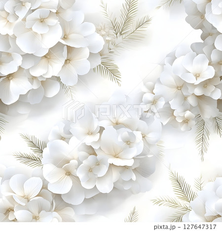 Luxurious seamless design of white flowers and gentle palm leaves on a soft, light background. Ideal for wedding invitations, textiles, wallpapers, and elegant branding projects. 127647317