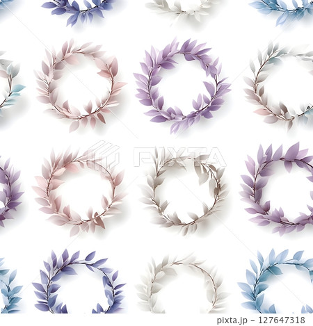 A seamless pattern of elegant pastel botanical wreaths in soft purple, pink, and blue tones on a white background. Ideal for stationery, wallpaper, fabric, or wedding designs. 127647318