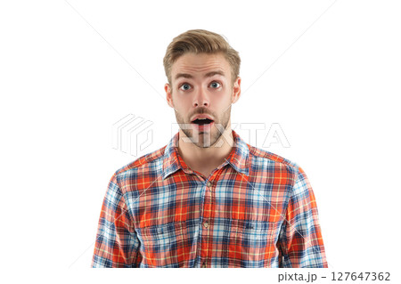 Stylish man portrait feel surprised. Trendy fashion style. Male casual style. Caucasian surprised casual guy. Handsome and young guy model. Male model. Man in checkered shirt isolated on white 127647362