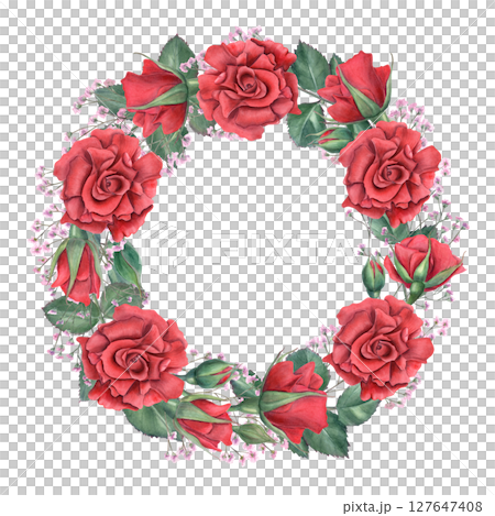 Red roses, pink gypsophila and green leaves watercolor wreath. Watercolor illustration isolated background. Round frame with empty space for text. For wedding invitation, love cards, feminine branding Red roses, pink gypsophila and green leaves watercolor wreath. Watercolor illustration isolated background. Round frame with empty space for text. For wedding invitation, love cards, feminine branding 127647408