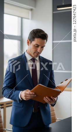 Man reading documents in a bright modern office. 127647425