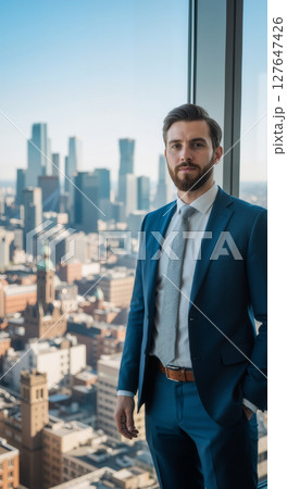 Confident man in suit on rooftop with city background. 127647426