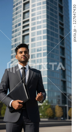 Businessman walking outside office building with phone. 127647430