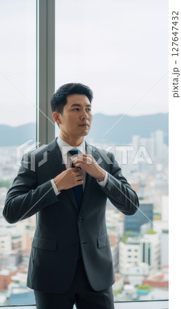 Asian businessman adjusting tie with cityscape behind. 127647432
