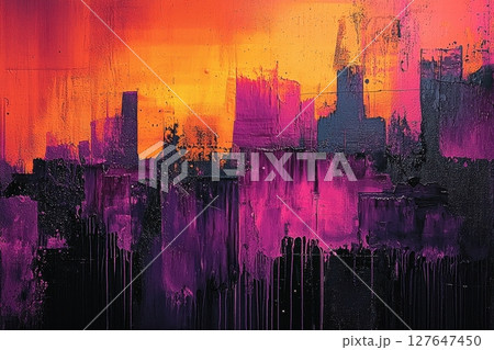Abstract urban skyline with vibrant ultraviolet and orange hues at sunset 127647450