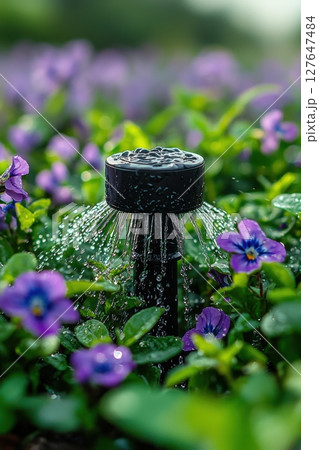 Garden sprinkler watering blooming flowers with droplets shimmering in sunlight Garden sprinkler watering blooming flowers with droplets shimmering in sunlight 127647484