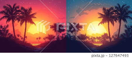 Tropical sunset with vibrant pink and orange hues and palm silhouettes 127647493