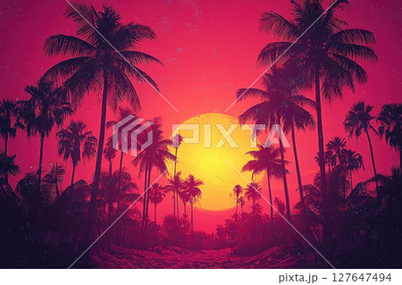 Tropical sunset scene with bold colors and palm trees silhouetted 127647494