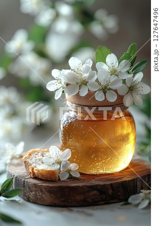 Glass jar of honey with delicate flowers on a rustic wooden surface Glass jar of honey with delicate flowers on a rustic wooden surface 127647496