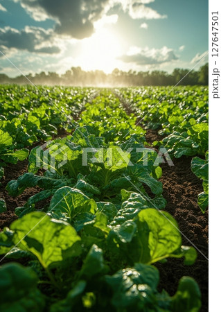 Lush green crops growing in a vibrant sunlit agricultural field 127647501