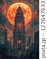 Art Deco skyscraper under a vibrant full moon in an urban landscape 127647633