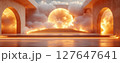Art Deco stage illuminated with sunlight and surrounded by vibrant glowing clouds 127647641