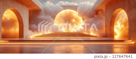 Art Deco stage illuminated with sunlight and surrounded by vibrant glowing clouds 127647641