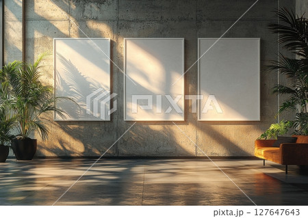 Stylish interior with blank posters on concrete wall and natural lighting 127647643