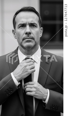 Black-and-white portrait of serious man adjusting tie. Black-and-white portrait of serious man adjusting tie. 127647713