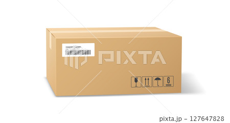 Cardboard Shipping Box with Barcode and Symbols 127647828