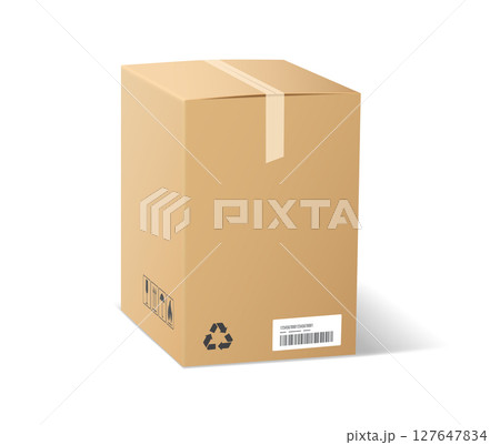 Realistic cardboard box with recycling symbol Realistic cardboard box with recycling symbol 127647834